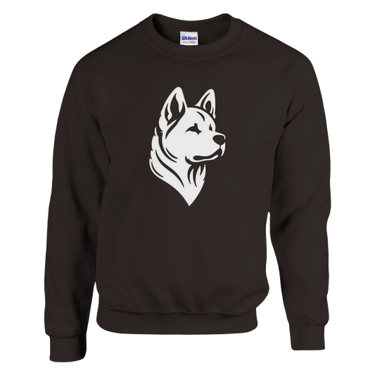 Black sweatshirt with a white dog graphic on a white background