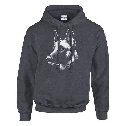 Dark gray hoodie with a belgian malinois dog graphic on a white background