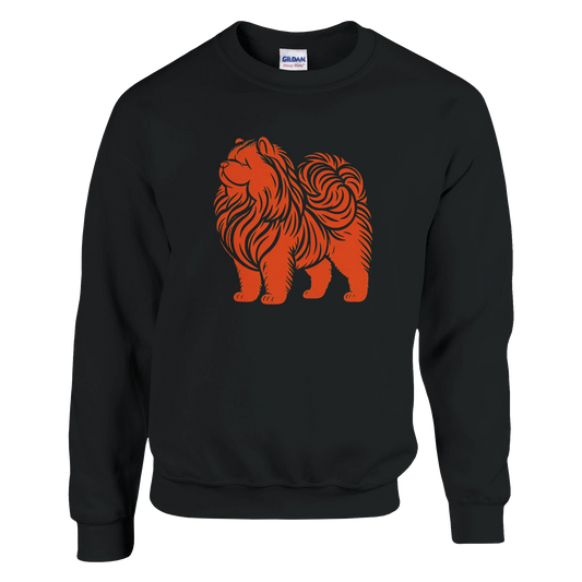 Black sweatshirt with an orange dog graphic on a white background