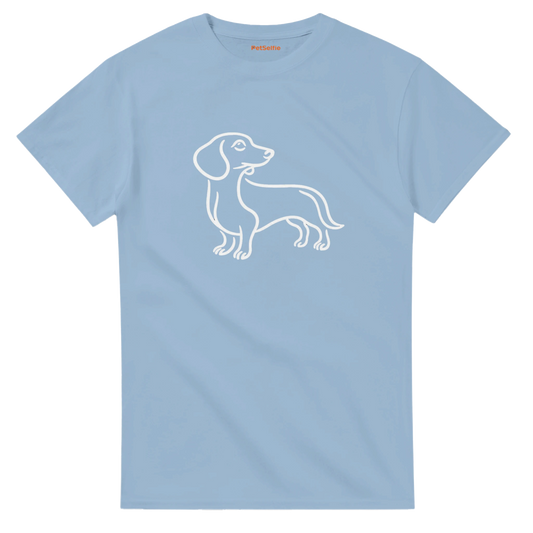 Light blue t-shirt with a white outline of a dachshund on a white background