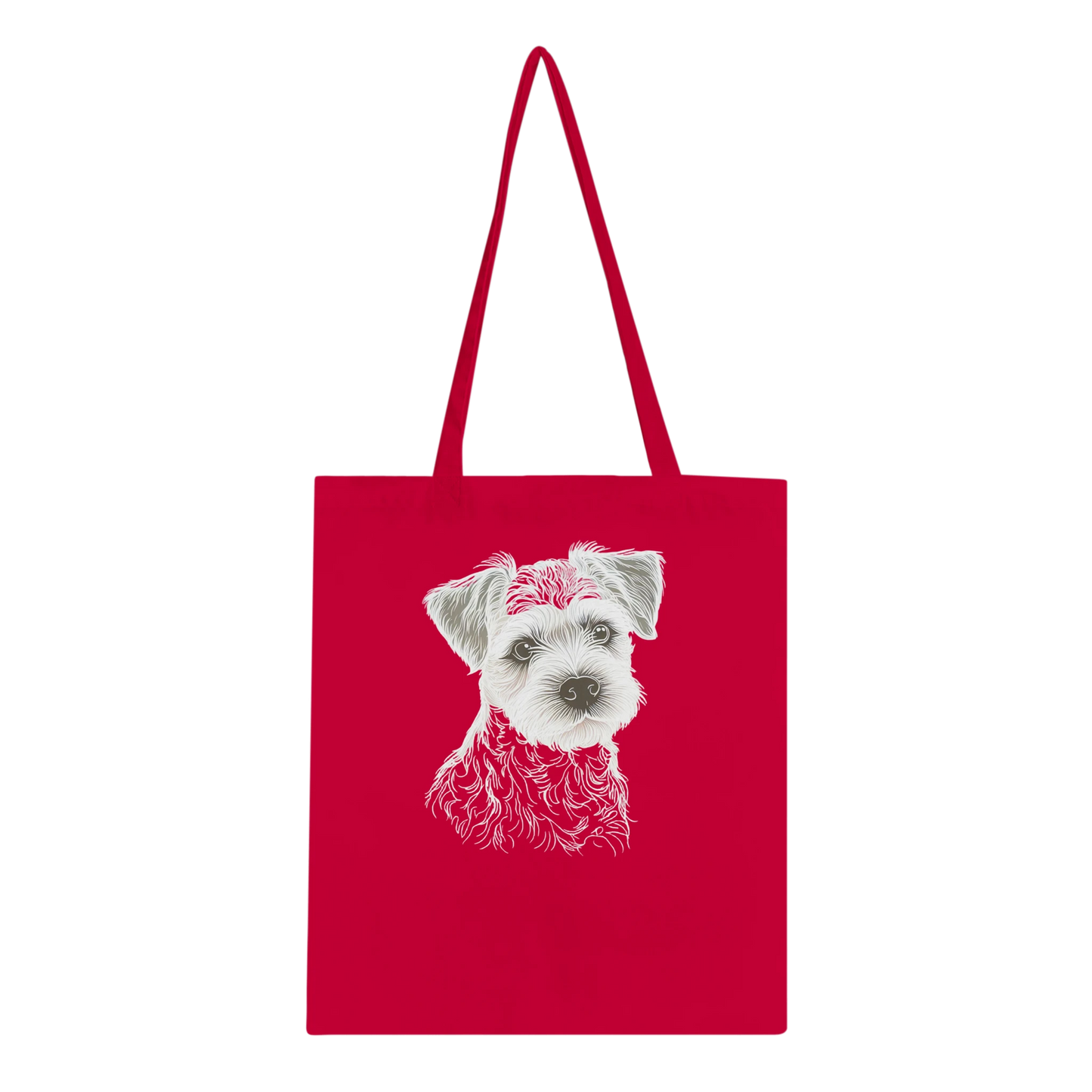 Red tote bag with a white border terrier dog illustration on a white background