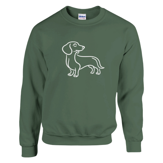 Green sweatshirt with a white dog illustration on a white background