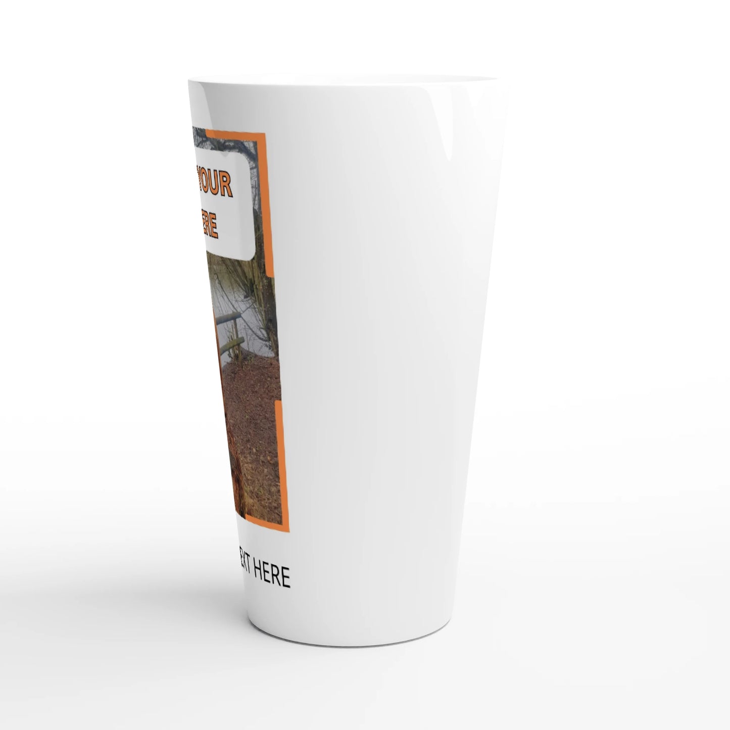 White ceramic latte mug, 17oz size, personalized with custom pet photo design, stylish and durable drinkware for pet lovers from PetSelfie.