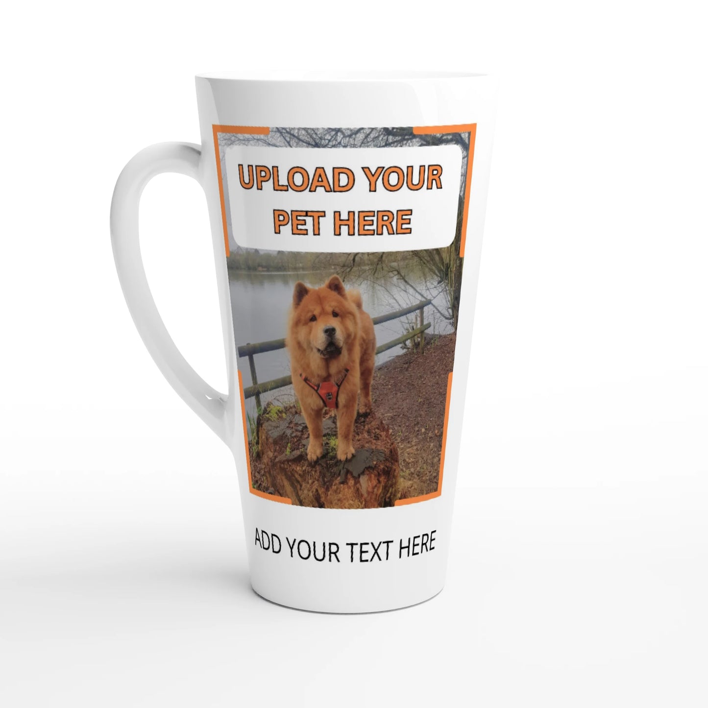 White ceramic latte mug, 17oz size, personalized with custom pet photo design, stylish and durable drinkware for pet lovers from PetSelfie.