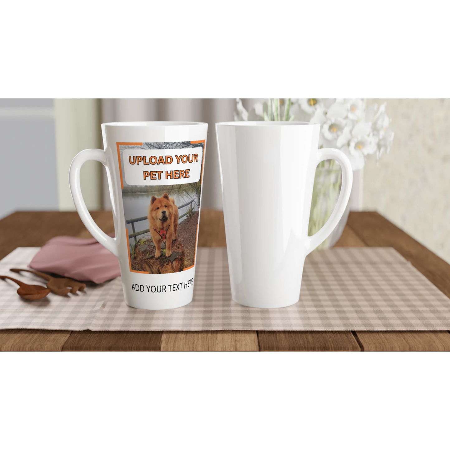 White ceramic latte mug, 17oz size, personalized with custom pet photo design, stylish and durable drinkware for pet lovers from PetSelfie.