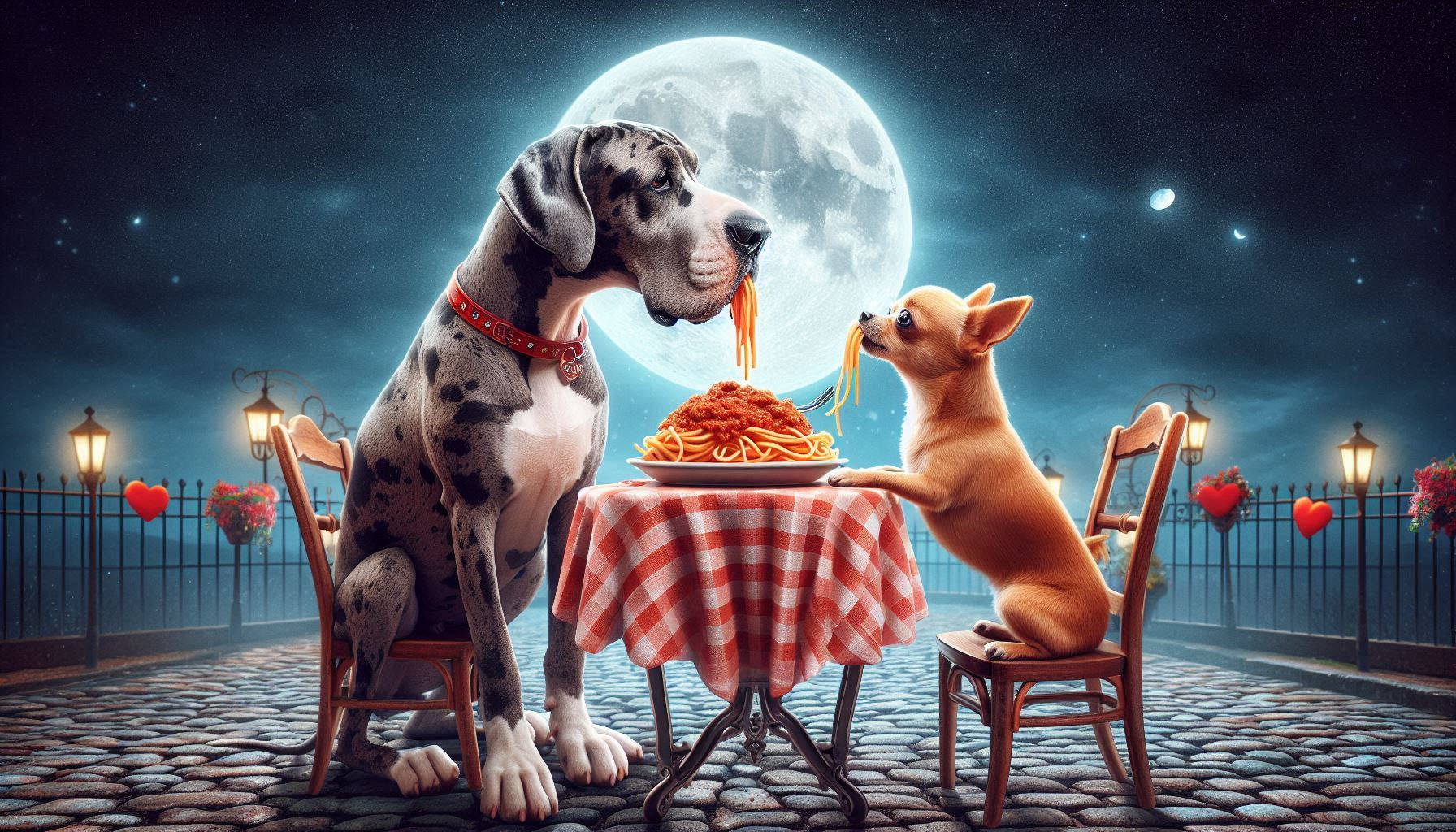great Dane and chihuahua sharing a plate of spaghetti sitting at a table celebrating valentines day