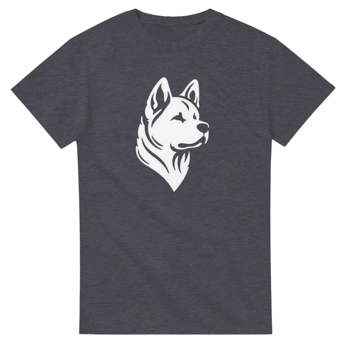 Dark gray t-shirt with a white husky dog graphic on a white background