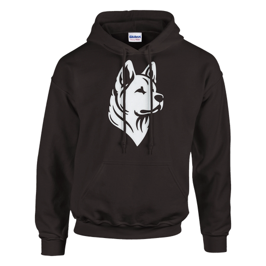 Black hoodie with a white american akita graphic on a white background