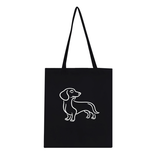 Black tote bag with a white dachshund outline on a white background