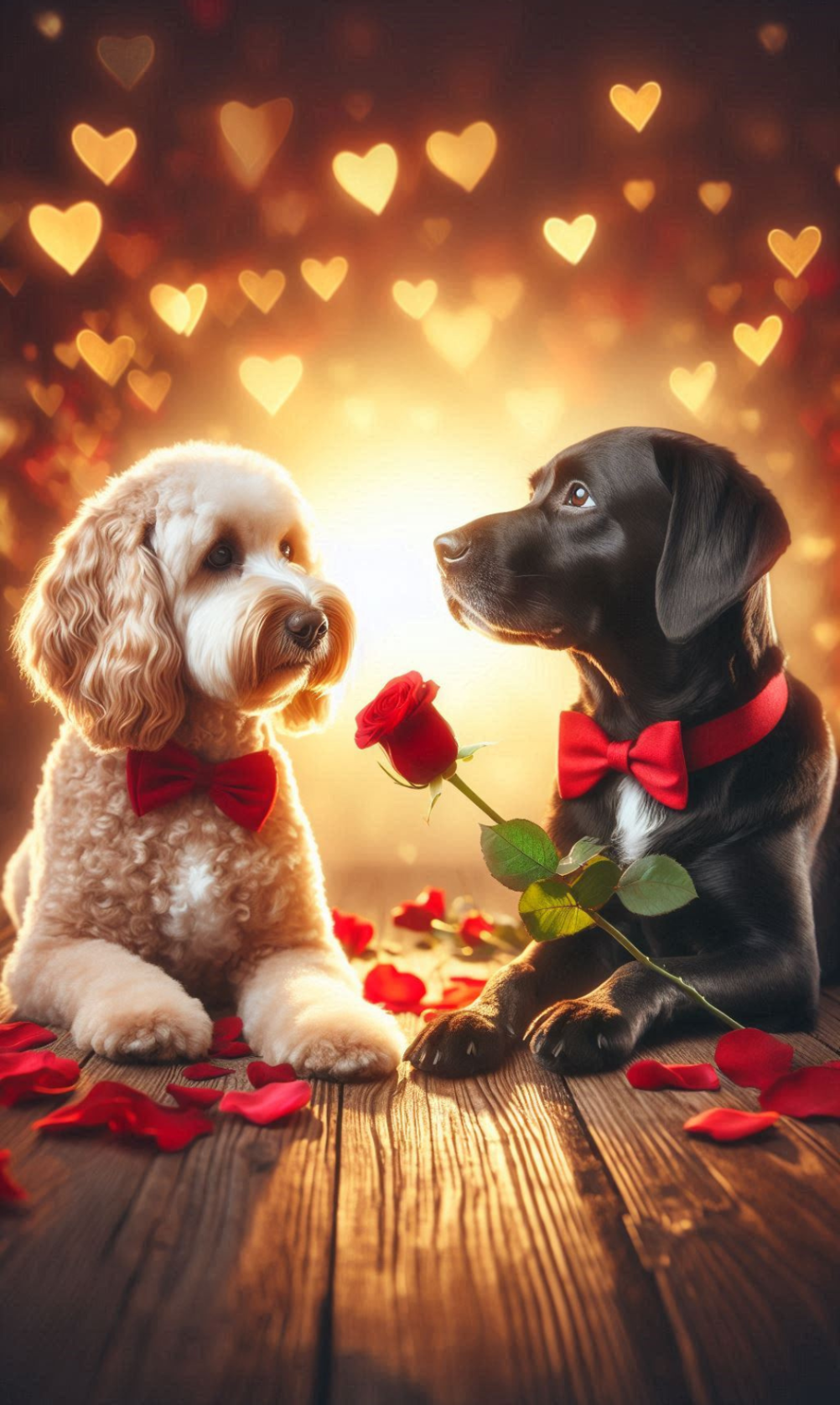 a cockerpoo and a labrador looking at each with a rose