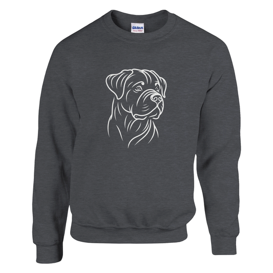 Dark gray sweatshirt with a dog illustration on a white background