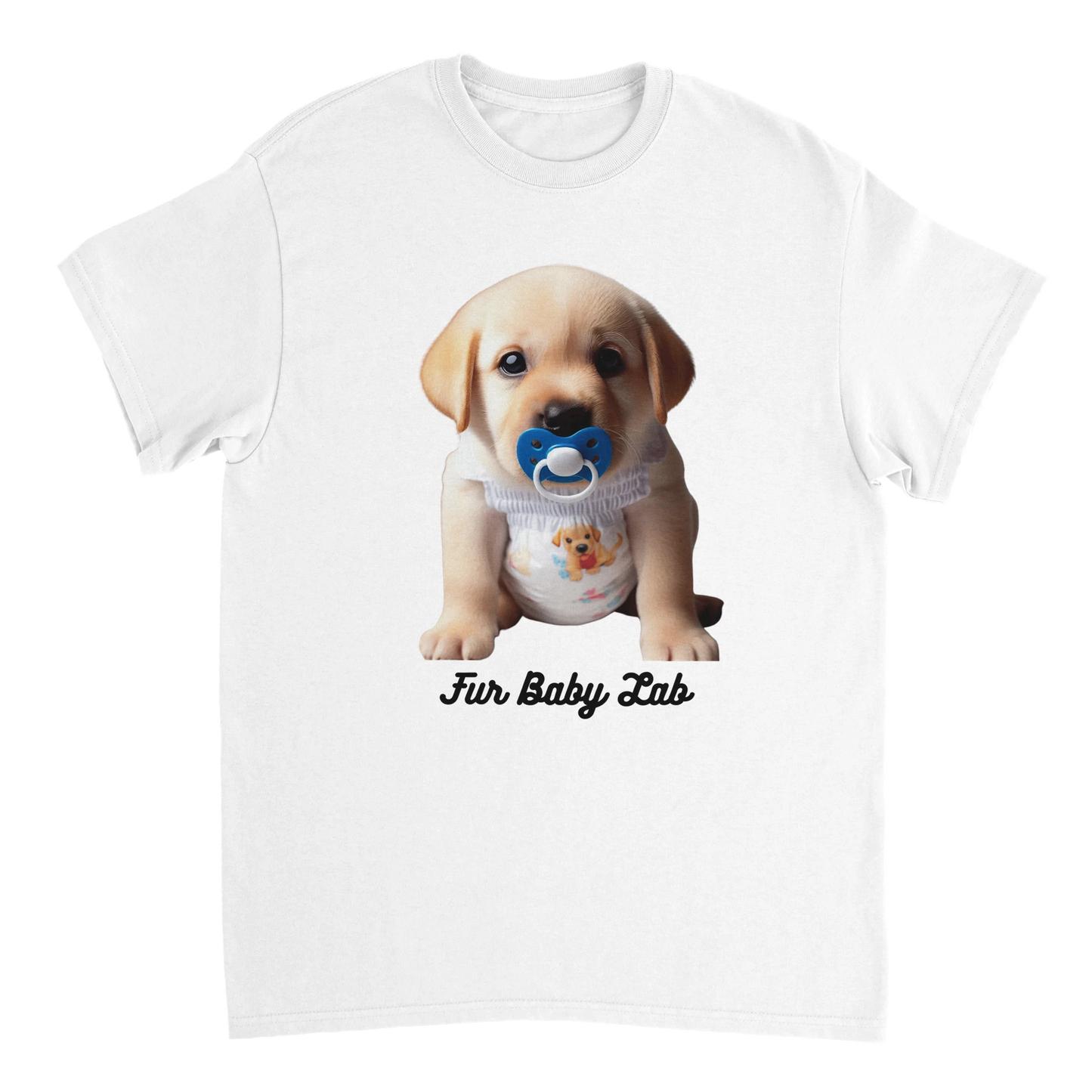 puppy labrador with a dummy in its mouth and wearing a nappy