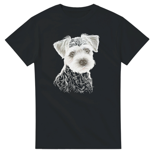 Black t-shirt with a white border terrier dog illustration on a white background