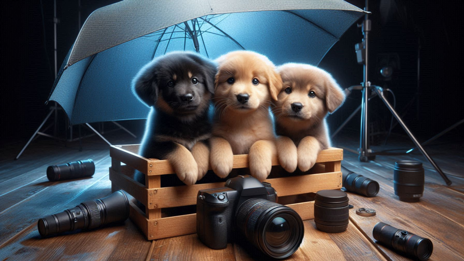 three puppies sitting in a box posing for a photograph