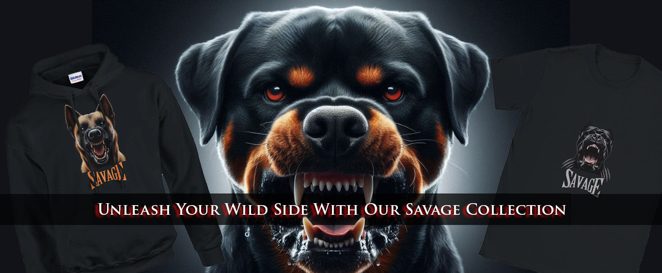 a Rottweiler snarling with a hoodie and t-shirt with savage written on it