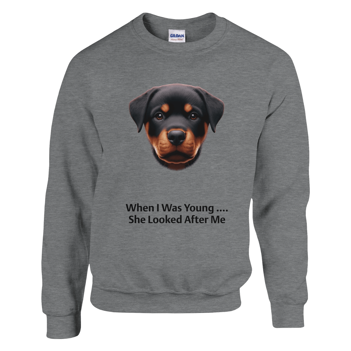 Gray sweatshirt with a dog graphic and text on a transparent background