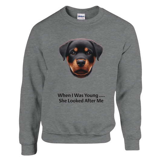 Gray sweatshirt with a dog graphic and text on a transparent background