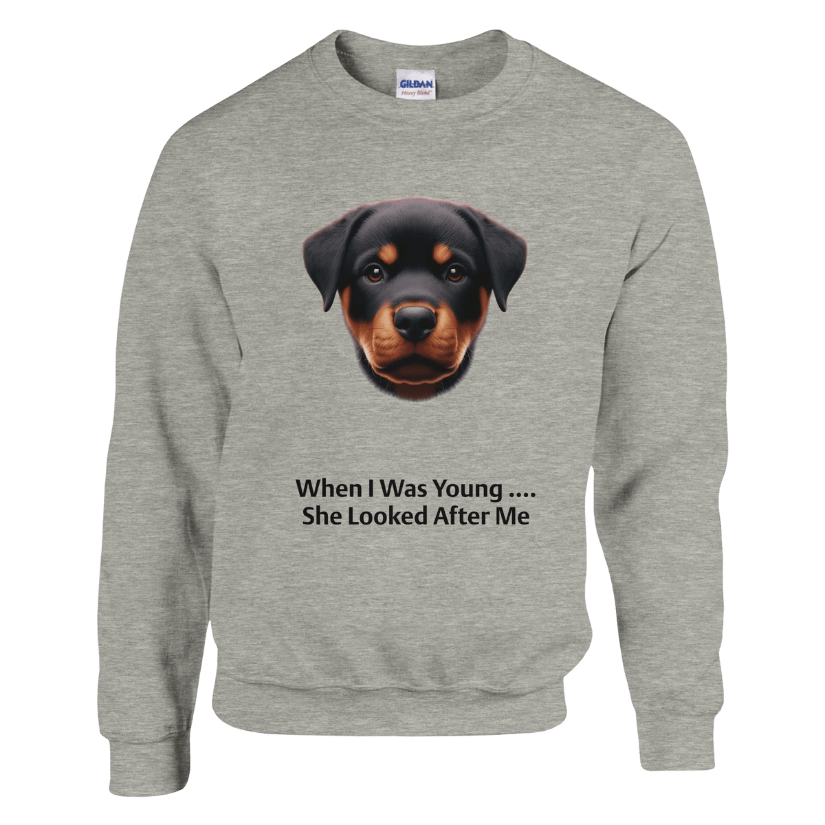 Gray sweatshirt with a dog graphic and text on a green background
