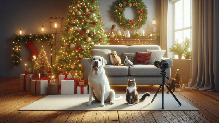 A Labrador and cat sitting on a rug waiting to be photographed 