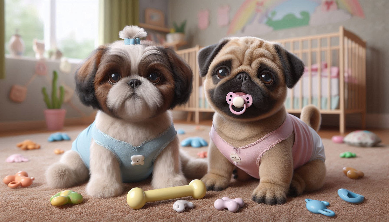 shih tzu and pug puppy wearing a nappy and sucking a dummy