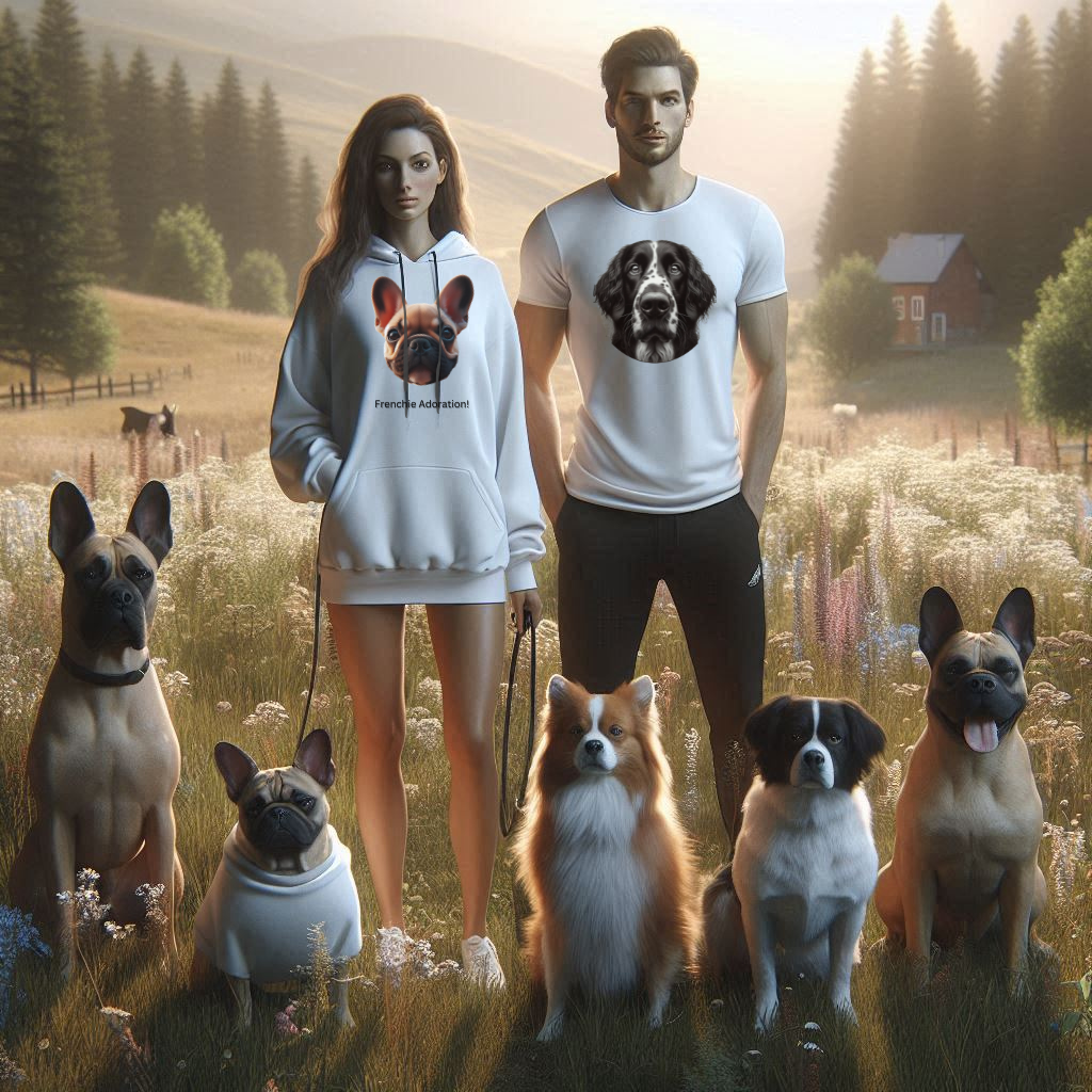 man and woman standing in a field with five other dogs