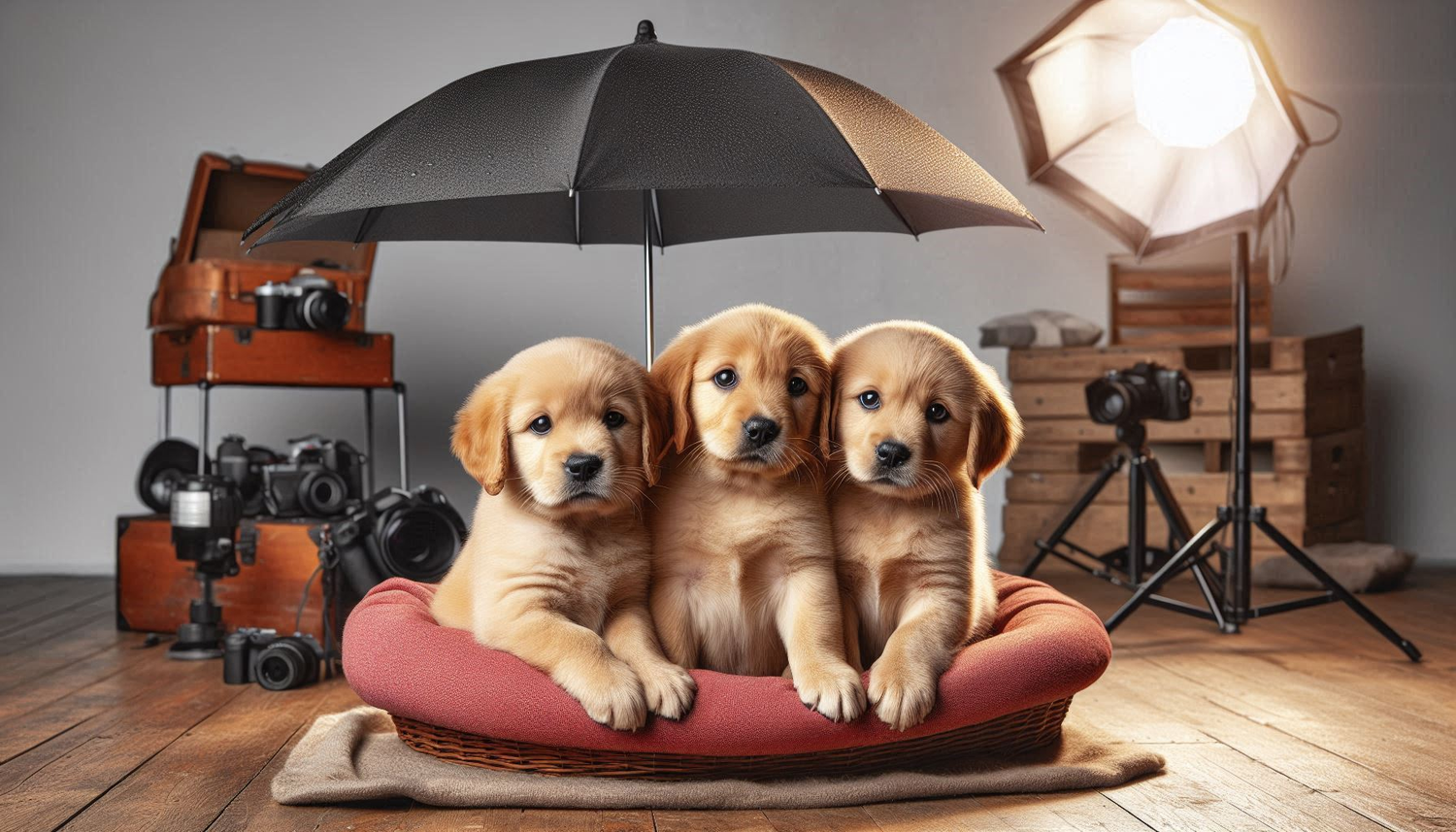 three labradors puppies sitting on cushions ready for a photograph