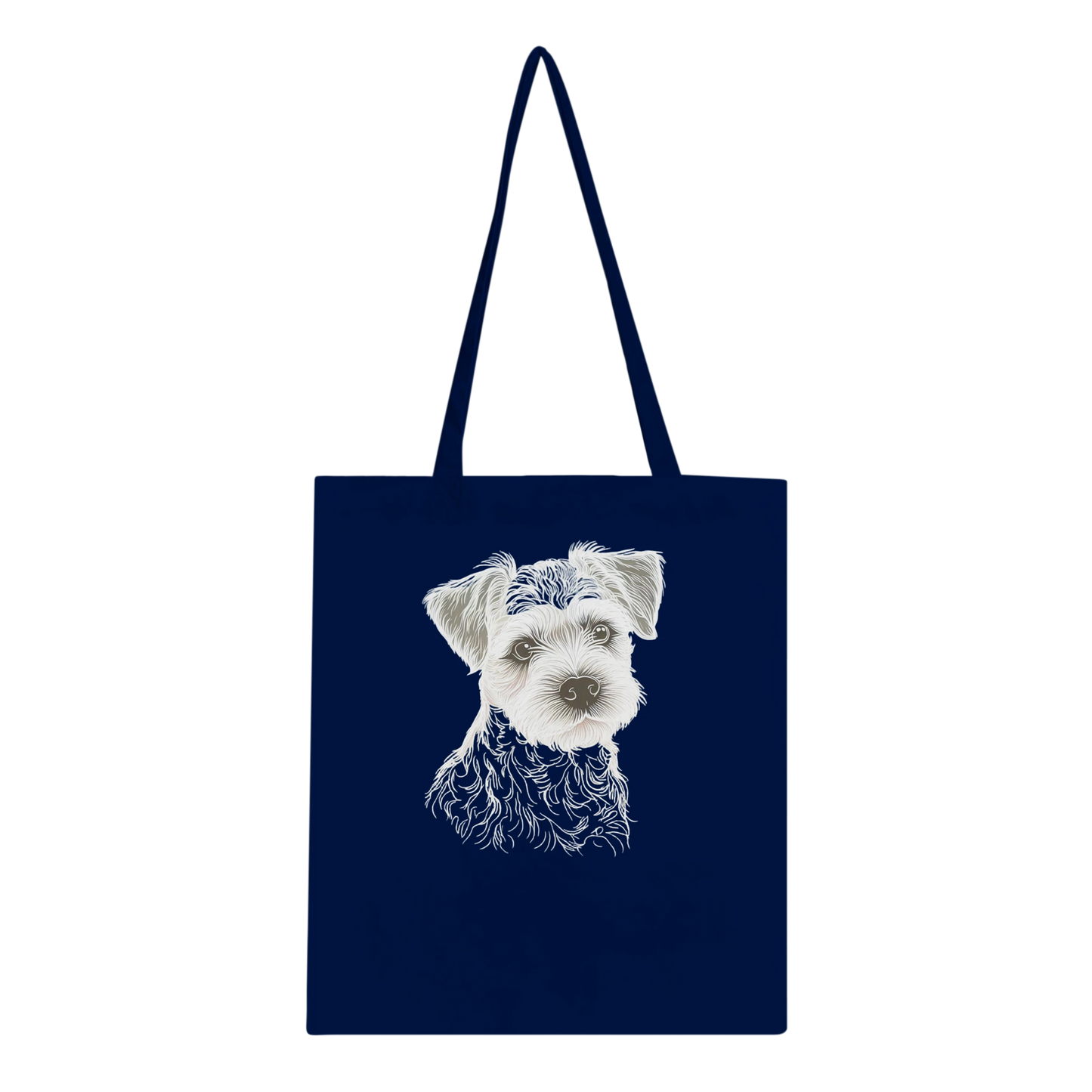 Navy tote bag with a   border terrier dog illustration on a white background