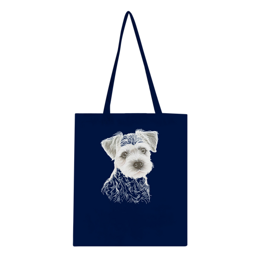 Navy tote bag with a   border terrier dog illustration on a white background