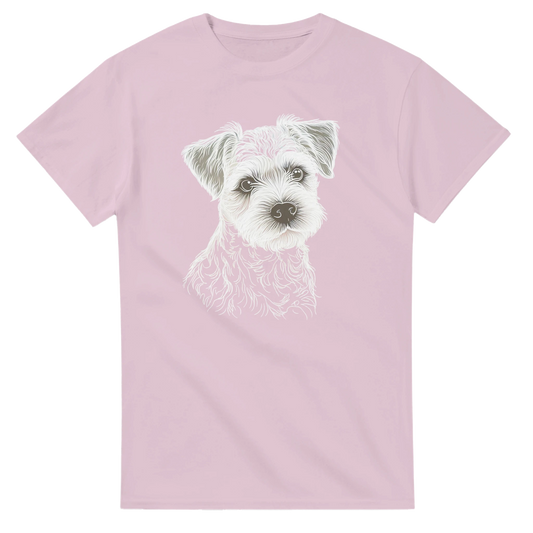 Pink t-shirt with a  border terrier dog graphic on a white background