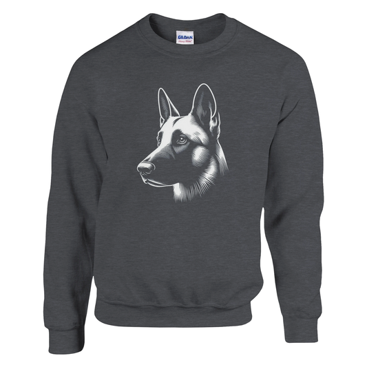 Dark gray sweatshirt with a graphic of a  belgian malinois dog head on a white background