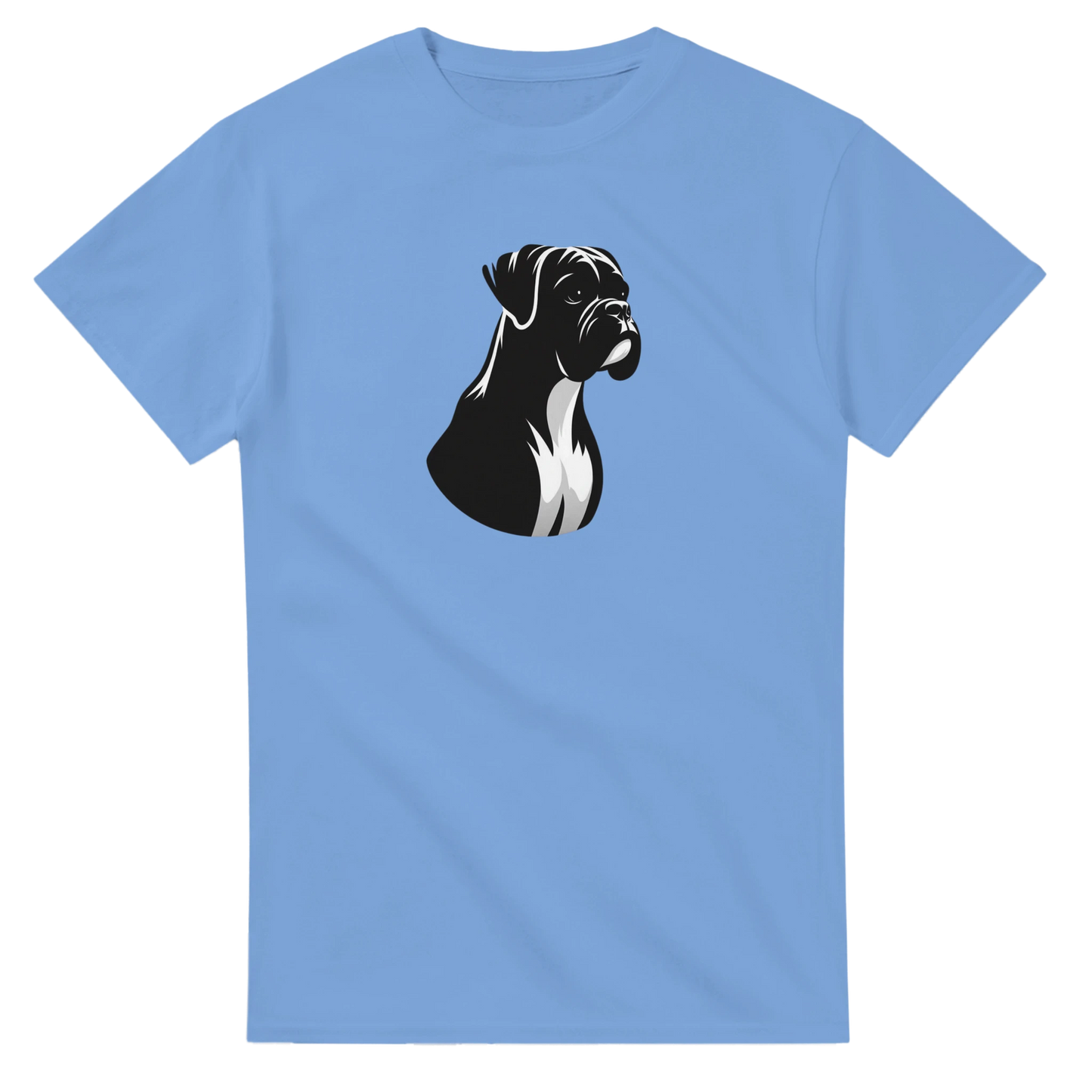 Light blue t-shirt with a black and white boxer dog graphic on a white background