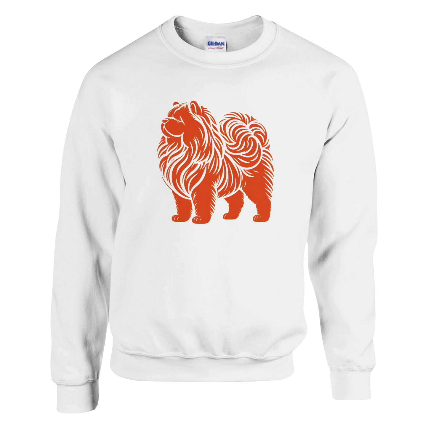 White sweatshirt with orange chow chow dog graphic on a white background
