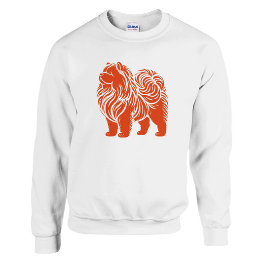 White sweatshirt with orange chow chow dog graphic on a white background