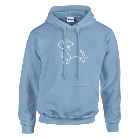 Light blue hoodie with a dog outline design on a white background