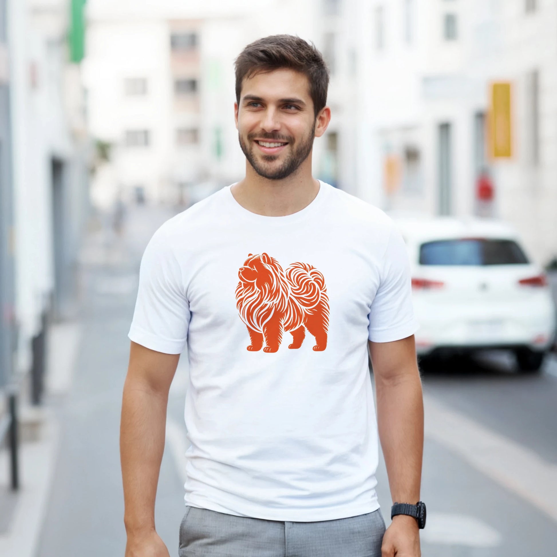 Man wearing a white t-shirt with an orange chow chow dog graphic on a city street.