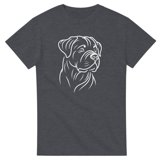 Dark gray t-shirt with a rottweiler white dog illustration on a white background