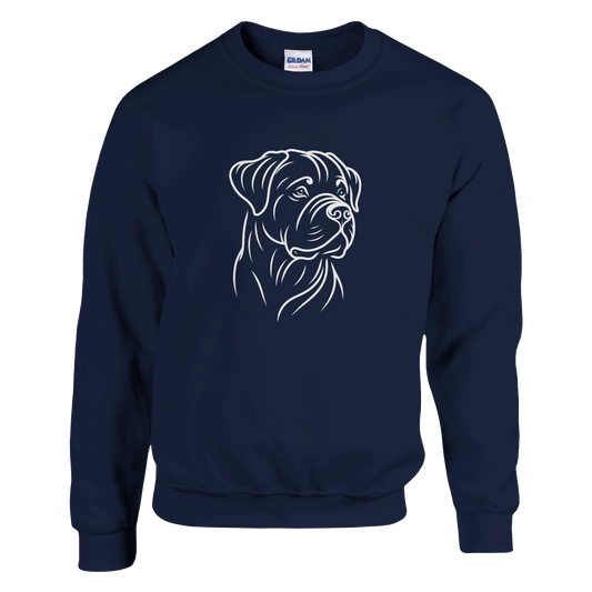 Navy blue sweatshirt with a white dog illustration on a white background