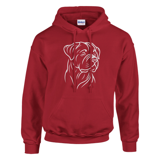 Red hoodie with a rottweiler white dog illustration on a white background