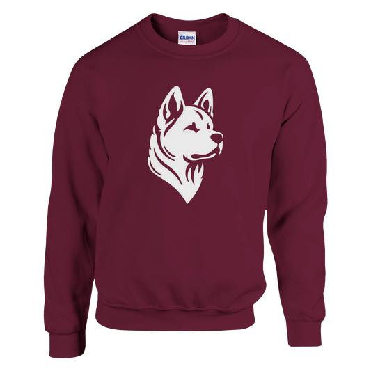 Maroon sweatshirt with a white dog graphic on a white background