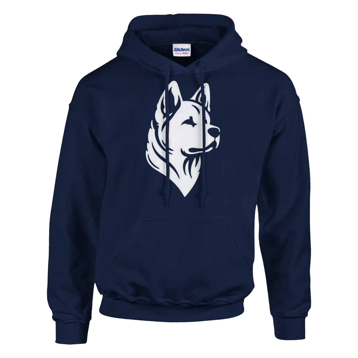 Navy blue hoodie with a white american akita graphic on a white background