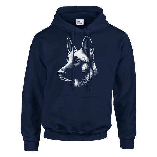 Navy blue hoodie with a  belgian malinois dog graphic on a white background
