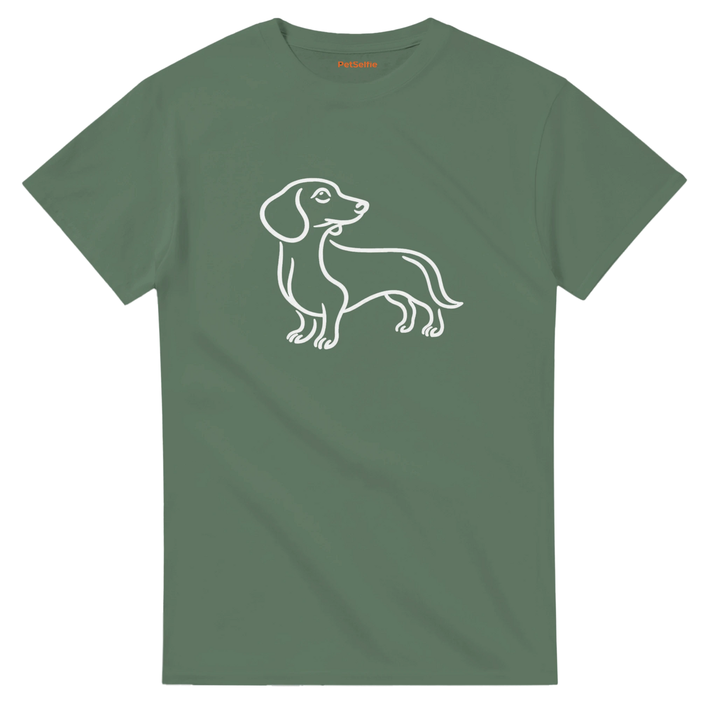 Green t-shirt with a white dachshund outline on a white background