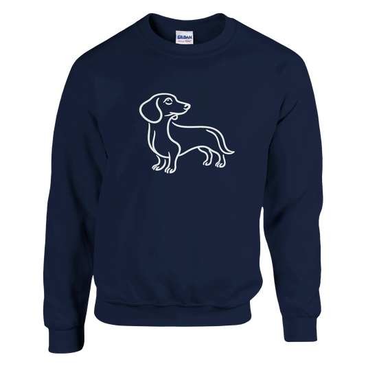 Navy blue sweatshirt with a white dachshund outline on a white background