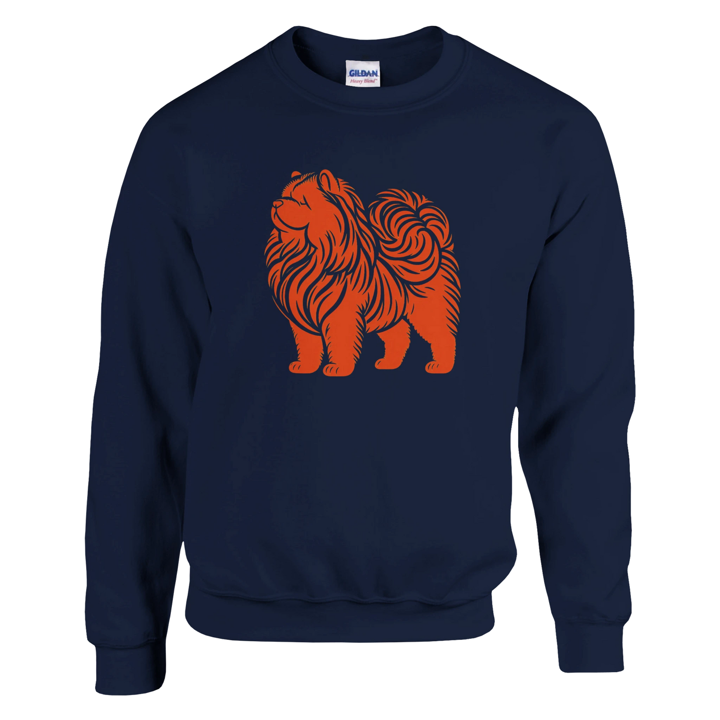 Navy blue sweatshirt with an orange chow chow dog graphic on a white background