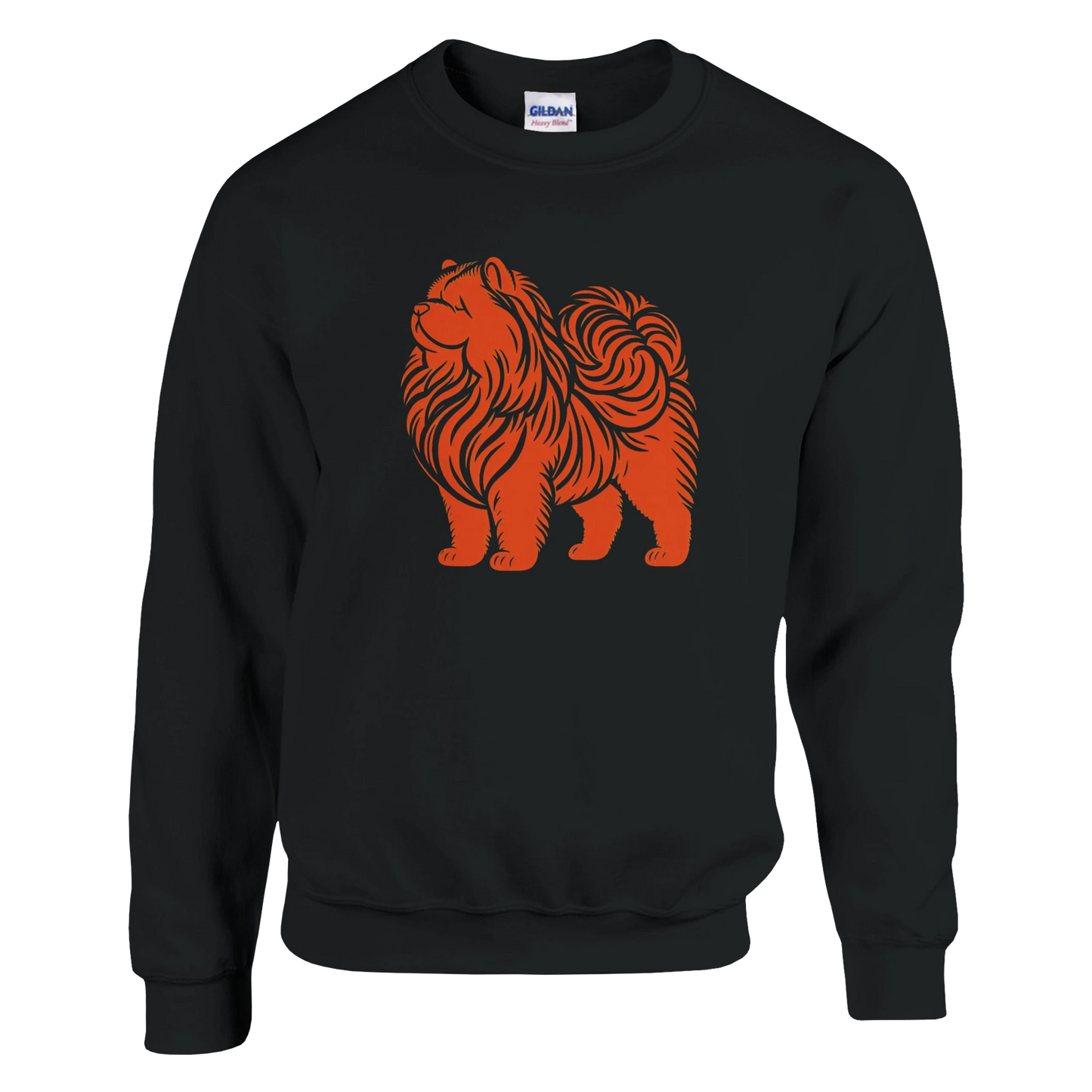 Black sweatshirt with an orange dog graphic on a white background
