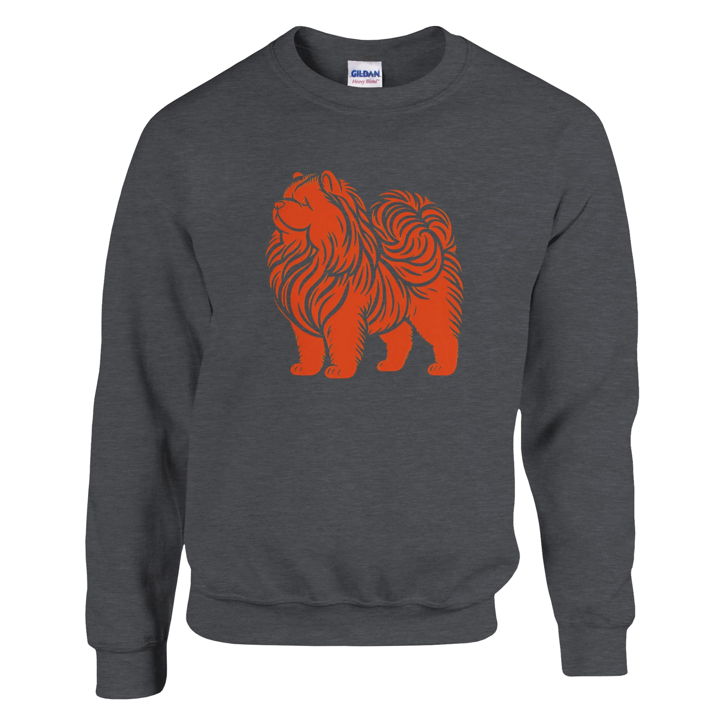 Gray sweatshirt with an orange chow chow dog graphic on a white background