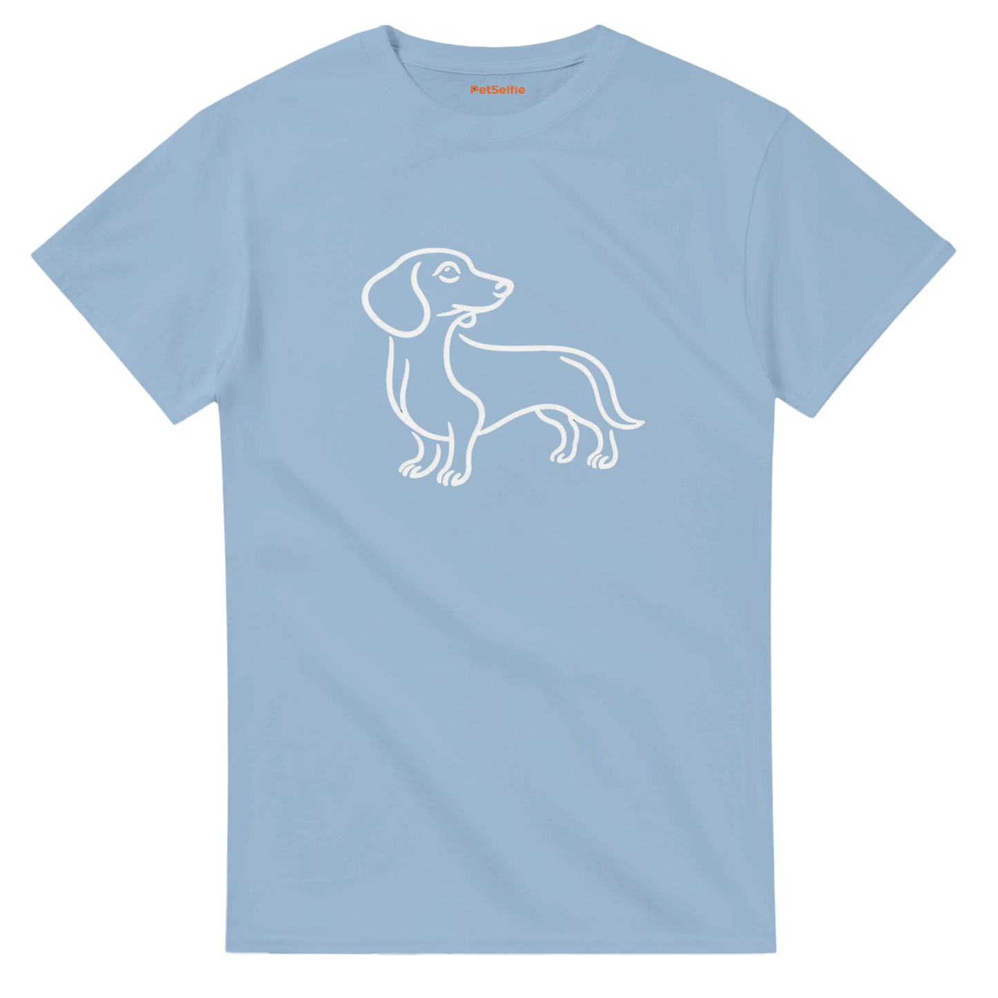 Light blue t-shirt with a white outline of a dachshund on a white background