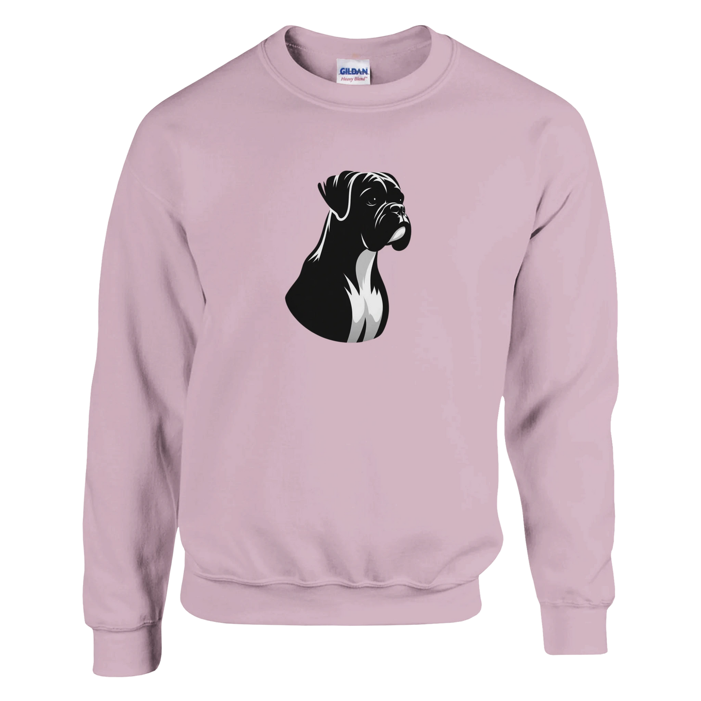 Light pink sweatshirt with a black and white boxer dog graphic on a white background