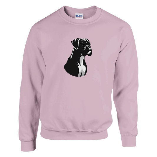 Light pink sweatshirt with a black and white boxer dog graphic on a white background