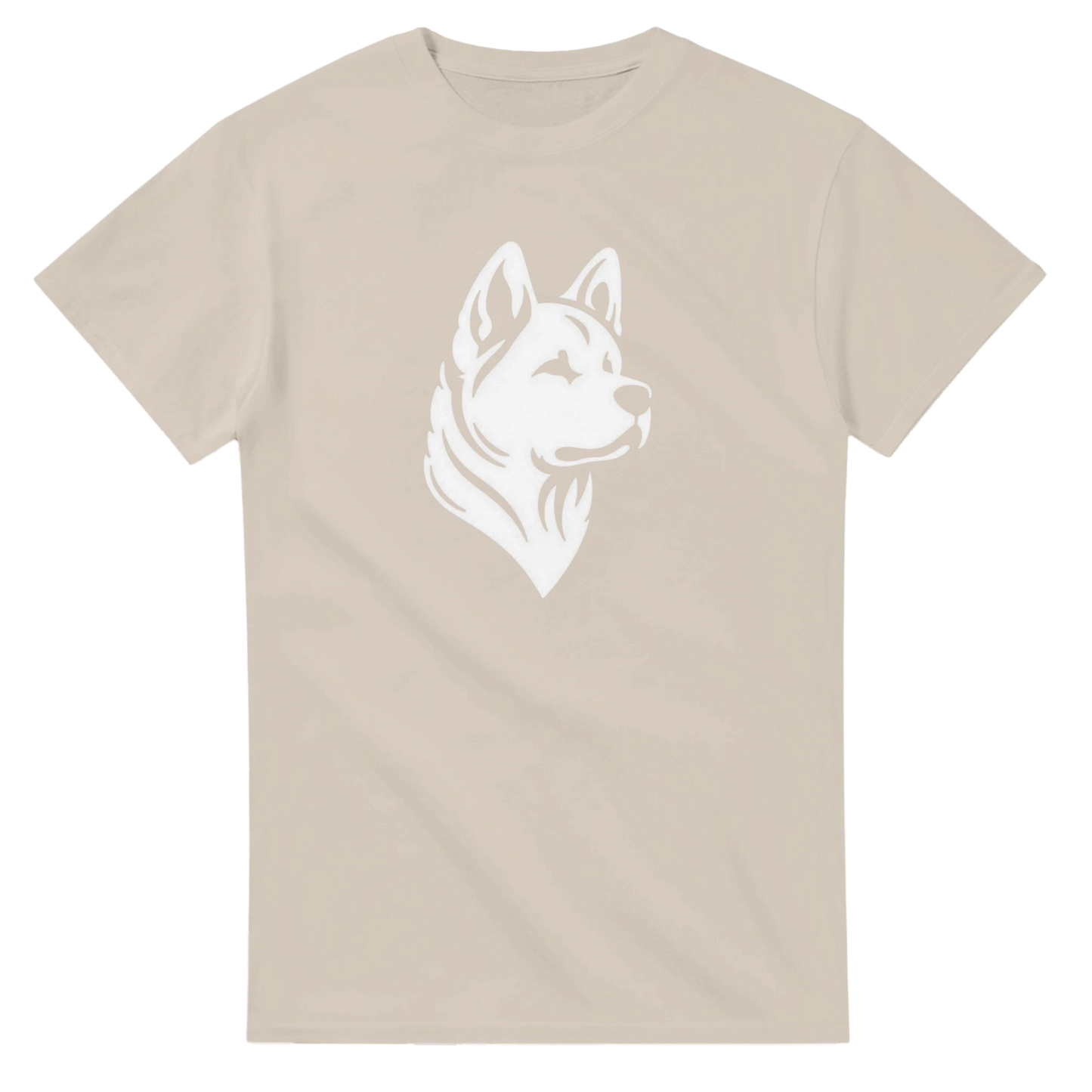 Beige t-shirt with a white dog graphic on a white background